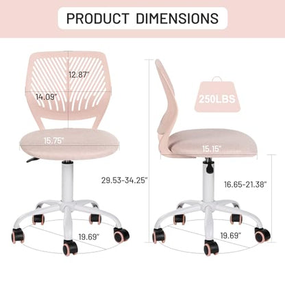 FurnitureR Pink Kids Desk Chair, Swivel Adjustable Study Chair with Fabric Cushion and Rolling Wheels, Armless Lightweight Task Chair for Cozy Study Rooms & Gifting - color: Pink