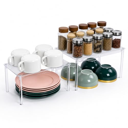 OTraki Acrylic Cabinet Organizer Set of 2 Stackable Clear Cabinet Shelf | Kitchen Pantry Organizers and Storage Display Pantry Cabinet Shelf Shelf Organizer for Dishes, Spices, Soda Cans and Bottles