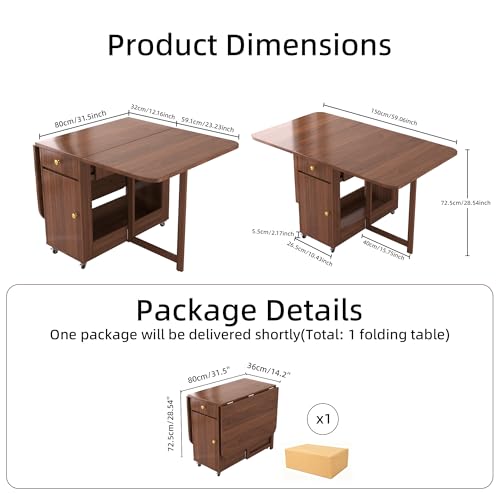 Small Folding Dining Table - 59" Fully Assembled Drop Leaf Table 4-6 Seater with Storage and Lockable Wheels, Space-Saving for Kitchen or Dining Room (Walnut) - color: Walnut, size: Only 59.06″L Table