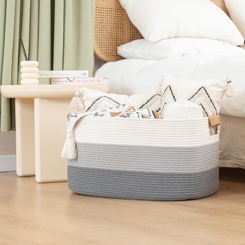 Large Woven Basket 25’’*16’’*16’’ 108L Woven Baskets for storage Baby Laundry Hamper, Cotton Rope Boho Decorative Storage Bin for Living Room, Nursery, Clothes, Pillows Gradient Grey - color: Gradient Grey, size: 108L