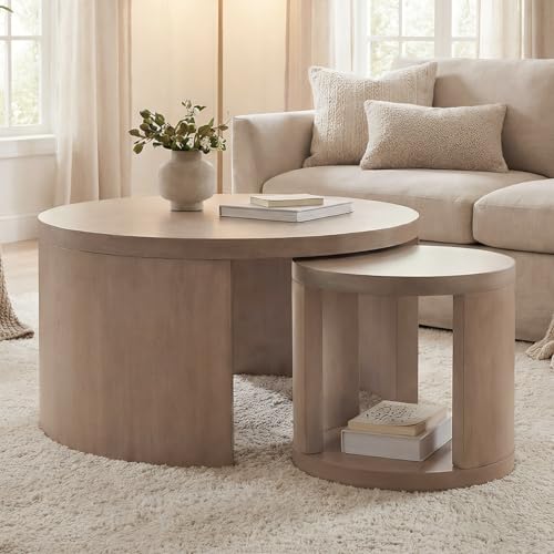 Round Nesting Coffee Table Set of 2, 31.5 & 18 in, Gray | Round coffee tables for living room, 2 in 1 nesting tables, nest or use separately, rounded edges, space-saving design - color: Grey