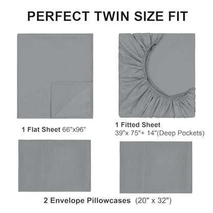 Twin Sheet Sets, Cotton Blended Breathable Bed Sheets 4 Piece, Deep Pocket Up to 14", 1 Fitted Sheet, 1 Flat Sheet and 2 Pillowcases (Grey, Twin) - color: Grey-4pcs Sheet Set, size: Twin