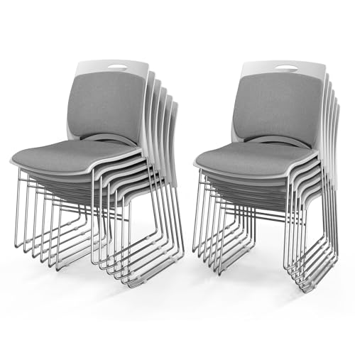 VINGLI Stackable Plastic Mesh Padded Chairs for Office Set of 12, Grey | Stacking Chairs with Metal Sled Base, Ergonomic Plastic Pad Seat & Back, Waiting Banquet Guest Break Room, Easy to install - color: Grey, size: 12 Pack