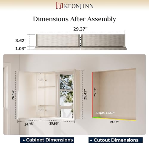 Keonjinn Brushed Nickel Bathroom Medicine Cabinet with Mirror 30 x 26 Inch | Assembly Needed, 2 Door, Adjustable Shelves, Aluminum Rust-Resistant, Surface Mount or Recessed Bathroom Medicine Cabinet - color: Brushed Nickel, size: 30x26 In