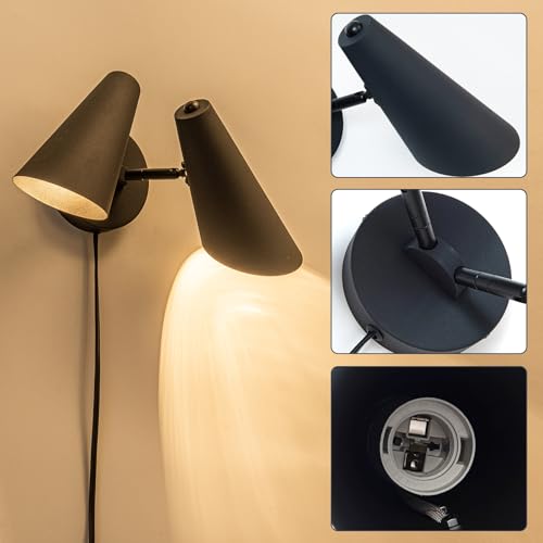 2-Light Plug in Wall Sconce, Matte Black Modern Vanity Light Wall Lamp with Rotatable Lampshade Picture Light for Bedroom Living Room Bathroom Foyer - color: B-Black