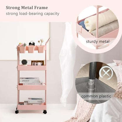 4-Tier Pink Slim Storage Cart, Narrow Laundry Cart with Wheels, Dividers, Hanging Cups, Hooks, Easy Assembly - style: 4 Tier Pink