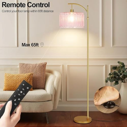 ILLMTW Pink Floor Lamp for Living Room,Bedroom,Gold Dimmable Standing Lamp with Remote,Mid Century Modern Brass Tall Lamp Boho Floor Lamps Arc Stained Glass Flower Floor Light Lamp Girls kids Bohemian - size: Floor Lamp-32
