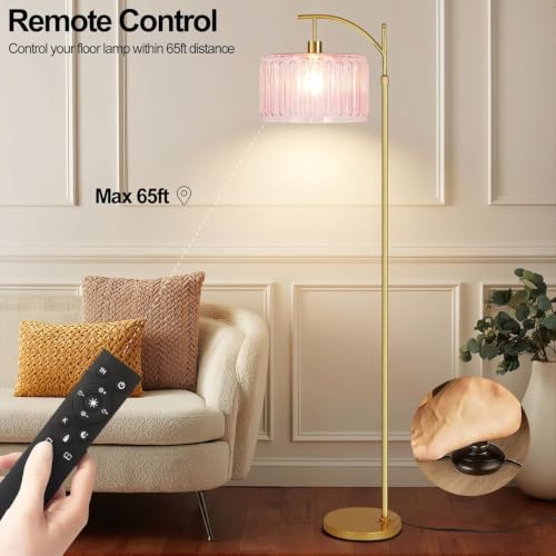ILLMTW Pink Floor Lamp for Living Room,Bedroom,Gold Dimmable Standing Lamp with Remote,Mid Century Modern Brass Tall Lamp Boho Floor Lamps Arc Stained Glass Flower Floor Light Lamp Girls kids Bohemian - size: Floor Lamp-32