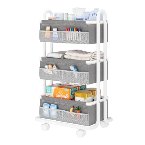 3-Tier Baby Diaper Caddy Organizer Cart, Mobile Nursery Storage Carts with Wheels, 3 Dividers & 6 Mesh Pockets Durable Metal Utility Cart for Nursery, Bedroom, Bathroom, Baby Essentials Organization - color: White
