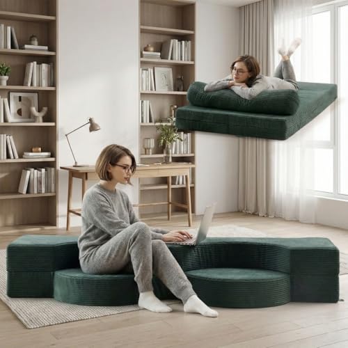 75" Folding Sofa Bed Convertible Futon, Twin Size Sleeper Couch, Washable Velvet Corduroy Cover & High-Density Foam, 2-in-1 Floor Mattress, No Assembly for Living Room/Dorm Green - color: Green
