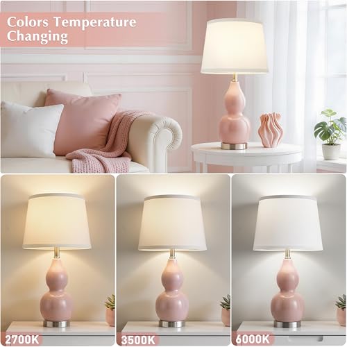 22" Table Lamp Set of 2, Color Temperature Adjustable Double Gourd Ceramic Lamps Classic Nightstand Table Lamps for Bedroom Beside Lamps for Living Room, Pink-Bulbs Included - color: 22.63" Pink Gourd