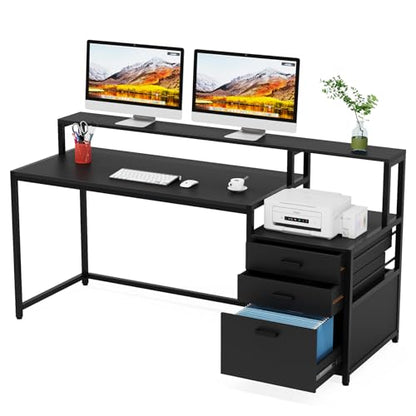 Tribesigns 63 Inch Computer Desk with File Drawer Cabinet, Home Office Desk | Ergonomic Office Desk with Monitor Stand, Industrial Computer Table with Printer Space, PC Table Workstation Desk, Black - color: Black