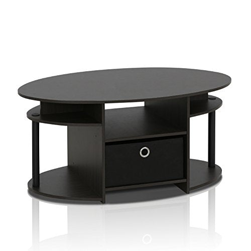 Oval Modern Coffee Table with Side Shelves and Storage Bin, Side Table with Shelf, Coffee Table, for Bedroom, Living Room, Home Office, Walnut - color: Walnut/Black