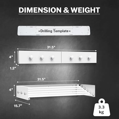 Wall Mounted Drying Racks for Laundry (31.5 Inches Wide) – Retractable Clothes Drying Rack Wall Mounted with Carbon Steel Panel 6 Knobs & 5 Aluminium rods, Wall Drying Rack with Screws (White) - color: White