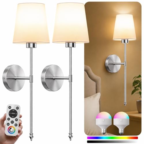 IRONPAX Wall Sconces Battery Operated Set of 2, Wireless Rechargeable Wall Sconce Set of Two, Dimmable Wall Lights with Remote for Bedroom Living Room Hallway Decor (Brushed Nickel, Fabric Shade) - color: Brushed Nickel