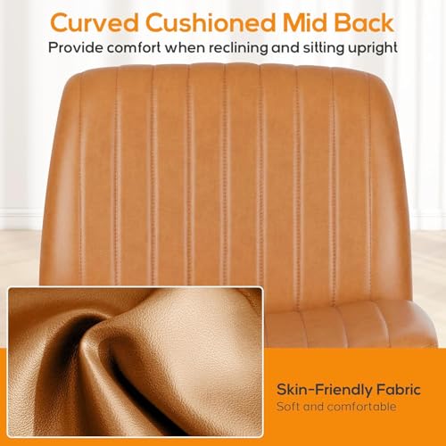 DUMOS Criss Cross Chair No Wheel Legged Office Wide Comfy Desk Vanity Chair, Armless Computer Task Seating PU Leather, Swivel Home Height Adjustable for Bedroom, Study, Brown No Wheel - color: Brown No Wheel