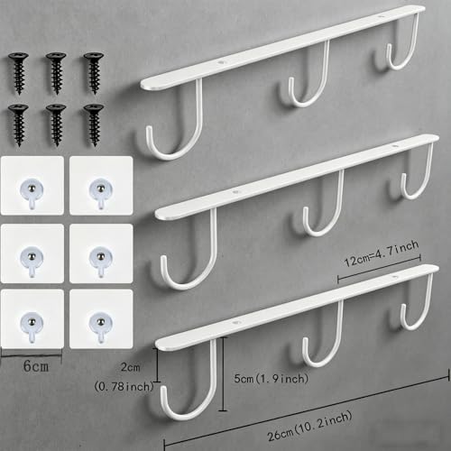 3pcs Mug Hooks,Under Cabinet Mug Holder, Coffee Cups Hook,Mug Hanger Organizer Rack with 9 Hooks for Displaying Mugs, Cups and Kitchen Utensils (White) - color: White