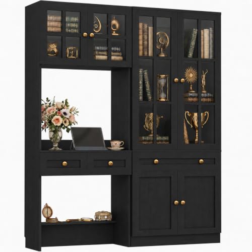 Besiost Farmhouse Desk with Bookcase, Desk with Glass Hutch & Drawers | Writing Desk with Storage Display Cabinet for Home Office/ Kitchen Pantry/ Bedroom, Black (55.2" L × 11.8” D × 80" H) - color: Black, size: 55.2"