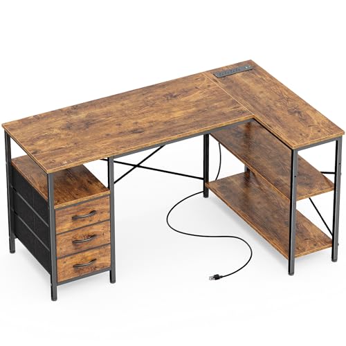 Huuger L Shaped Office Desk with Power Outlets & 3 Drawers | 47 Inch Computer Desk with Shelves, for Gaming, Corner Work, Home Office, Study, Rustic Brown - color: Rustic Brown, size: 47inch