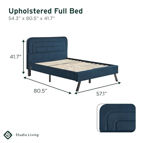 Studio Living® Adaline Upholstered Bed, Full Size, USB A + C Power, Storage Sleeve, Velvet Fabric, Navy - color: Navy, size: Full