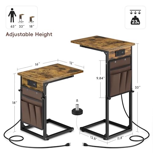C-Shaped End Tables Set of 2 with Charging Station, 33'' Tall C Table Adjustable Height Side Table, Sofa Table for Couch, Couch Table that Slide Under Sofa, TV Trays for Living Room, Brown - color: 2pc Rustic Brown, style: With Plug