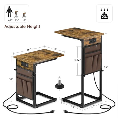 C-Shaped End Tables Set of 2 with Charging Station, 33'' Tall C Table Adjustable Height Side Table, Sofa Table for Couch, Couch Table that Slide Under Sofa, TV Trays for Living Room, Brown - color: 2pc Rustic Brown, style: With Plug