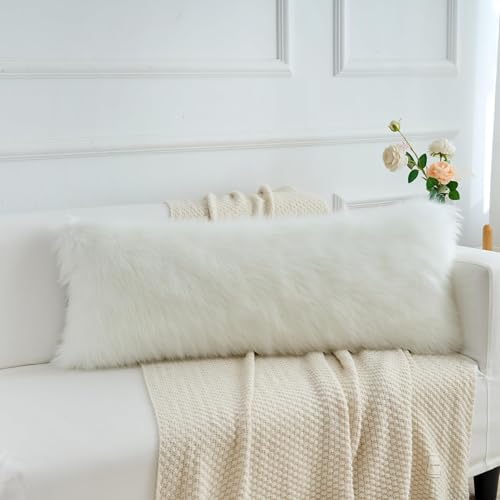 LIGICKY Long Lumbar Pillow Cover 14x36inch Decorative White Fluffy Faux Fur Throw Pillow Cover Rectangle Plush Pillow Case Cushion Cover for Couch Sofa Bed(Cover Only, No Inset) Pack of 1 - color: White, size: 36" x 14" (Pack of 1)