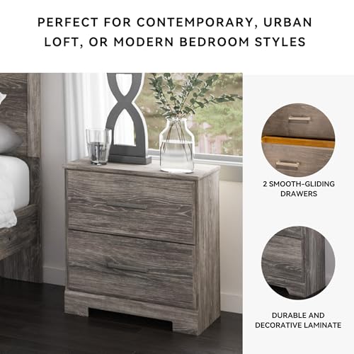 Signature Design by Ashley 2-Drawer Nightstand, Gray, Ralinksi | Rustic warm gray replicated oak grain finish, Antiqued pewter-tone handles, 40 lb engineered wood storage for guest rooms - color: Grayish Brown, style: Night Stand