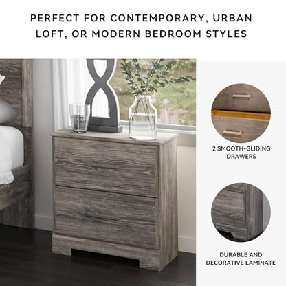 Signature Design by Ashley 2-Drawer Nightstand, Gray, Ralinksi | Rustic warm gray replicated oak grain finish, Antiqued pewter-tone handles, 40 lb engineered wood storage for guest rooms - color: Grayish Brown, style: Night Stand