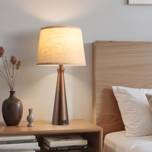 Modern Touch Lamps for Nightstand, 3 Way Dimmable Bedroom Lamp Set of 2 | USB C+A Charging Ports, Brown Bedside Lamps for Bedroom, Living Room, End Table, Bed Side, LED Bulb Included - color: I. Brown Base-Beige Shade
