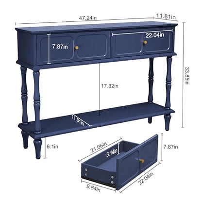 ARTPOWER 47" Mid-Century Console Table, 2 Drawers and Open Shelf, Blue | Entryway Table with Storage, Narrow Behind Couch Table for Living Room, Foyer, Hallway - color: Blue