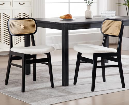EALSON Rattan Dining Chairs Set of 2 Cane Back Farmhouse Dining Room Chairs Mid Century Kitchen Chairs with Black Wood Frame Sherpa Upholstered Side Chair for Kitchen & Dining Room, Beige - color: Sherpa Beige-black Wood Frame, size: 2PCS