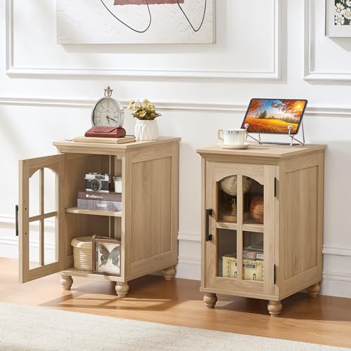 Narrow Side Table Set of 2, Farmhouse Nightstand with Charging Station | End Tables with Glass Barn Door, Cabinet Organizer with Adjustable Shelf, Night Stand for Small Spaces Living Room Bedroom - color: Natural Wood, size: Set 2