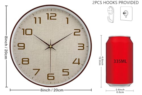 Woodgrain Wall Clock, Silent Non-Ticking Wall Clocks Battery Operated 8 Inch, Linen Texture Large Easy-to-Read Numbers Modern Analog Clock for Bedroom Living Room Kitchen Office Gym, Brown - color: Mocha Brown White, size: 8 Inch