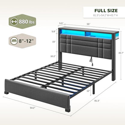 EnHomee Full Upholstered Bed Frame with Charge Station & LED Lights, Grey | 2-Tier Shelves Headboard, 12" Under-Bed Storage Space, Noise-Free, No Box Spring Needed, Easy Assembly - color: Grey, size: Full
