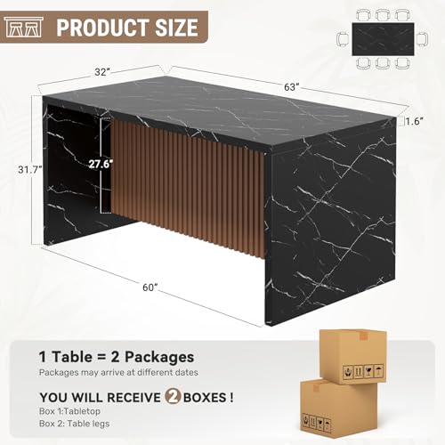 67" Kitchen Island Table with Faux Marble Top, Counter Height Dining Table for Kitchen, Modern Island Table with Fluted Base, Seats 4 - color: Black, size: Table Only