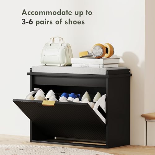 HOMCOM Narrow Shoe Bench with Padded Cushion 24.4x10.2x18.7 Inches Black | Shoe Storage Cabinet, Flip-Drawer, Adjustable Shelf, Small Entryway Bench, Holds up to 265lb - color: Black, size: 24.4" x 10.2" x 18.7"