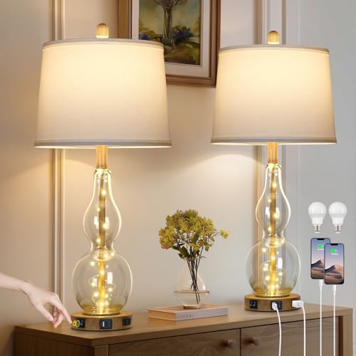 Rinweey 27.5" Clear Glass Table Lamp Set of 2 with Night Light,Bedside Lamps with USB Ports and AC Outlet, Modern Nightstand Lamps Retro Farmhouse lamp for Bedroom Living Room - color: Brown