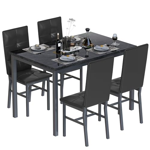 Hooseng Dining Table Set for 4, Faux Marble Small Kitchen Table with 4 PU Leather Chairs, Modern 5 Piece Dinner Table Set for Dining Room, Breakfast Nook, Samll Space, Black - color: Black