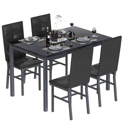 Hooseng Dining Table Set for 4, Faux Marble Small Kitchen Table with 4 PU Leather Chairs, Modern 5 Piece Dinner Table Set for Dining Room, Breakfast Nook, Samll Space, Black - color: Black