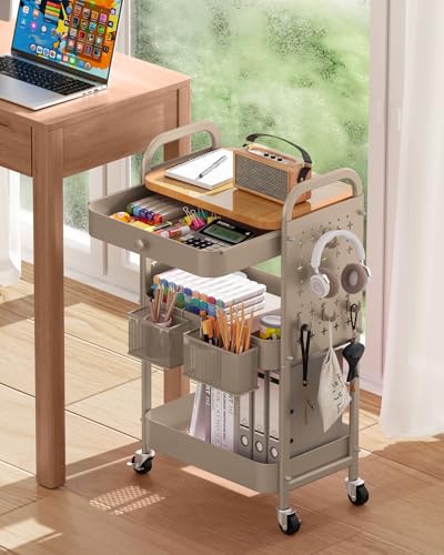 ALVOROG 3 Tier Metal Rolling Cart with Drawer,Wood Top,Pegboards,Khaki | Storage Utility Cart with Drawers,Pegboards,Lockable Wheels,Baskets,Hooks for Kitchen,Office,Bedroom,DIY Supplies - color: Beige