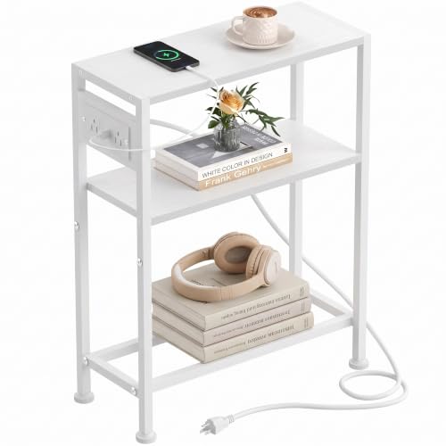 Small Narrow Side Table with Charging Station, Skinny End Table for Small Spaces, Slim Nightstand with Outlets, Sofa Bedside Table in Living Room, Bedroom, Study, Kitchen and Balcony, White - color: White