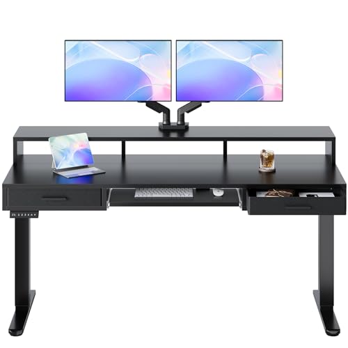 HUANUO 63″ x 26″ Electric Standing Desk with 2 Drawers &24.4″ Large Keyboard Tray, C-Clamp Mount Compatible, Adjustable Computer Desk for Office, Sit Stand Up Desk with 4 Height Presets, Black - color: Black, size: 63*26 inch