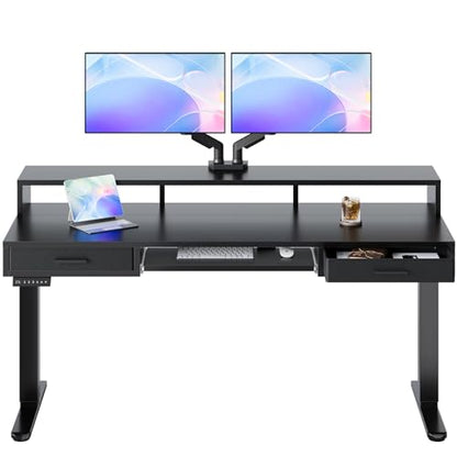 HUANUO 63″ x 26″ Electric Standing Desk with 2 Drawers &24.4″ Large Keyboard Tray, C-Clamp Mount Compatible, Adjustable Computer Desk for Office, Sit Stand Up Desk with 4 Height Presets, Black - color: Black, size: 63*26 inch