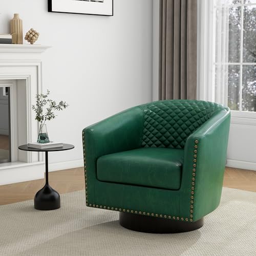 Faux Leather Swivel Accent Chair, Modern Barrel Club Armchair, Green | Comfy Living Room Chair, Modern Nailhead Trim Round Armchair Bedroom Reading Seat with Removable Cushion, Wood Frame - color: Retro Green