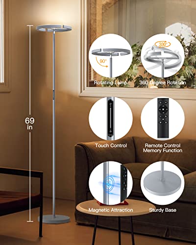 Silver Floor Lamps for Living Room, Stepless Dimmable Standing Lamp with Touch Remote Control, 22W Rotatable LED Floor Light Tall Uplighter for Bedroom Office, 69'' Modern Room Light - color: Silver Gray