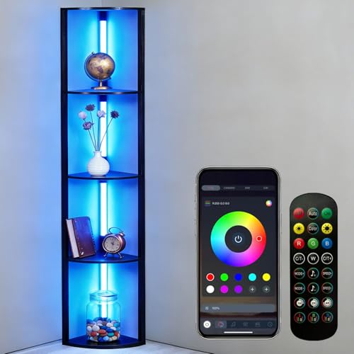 RGBCW Floor Lamp with Shelves, LED Smart Modern Floor Lamp with Music Sync, Color Changing Corner Display Shelf Lamp, Standing Lamp with Shelves for Living Room and Bedroom, Office, Black - color: Black