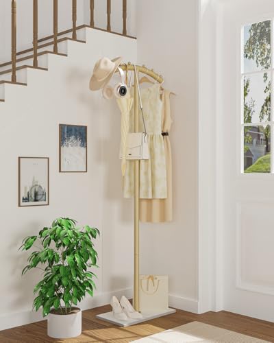 Modern Coat Racks,T-Shaped Coat Stand with Rock Base,68.9in Gold | Metal Garment Racks with Anti Slip Knot,Arcuate Clothes Display Hanger with Natural Patterned Bottom Plate for Bedroom - color: Gold