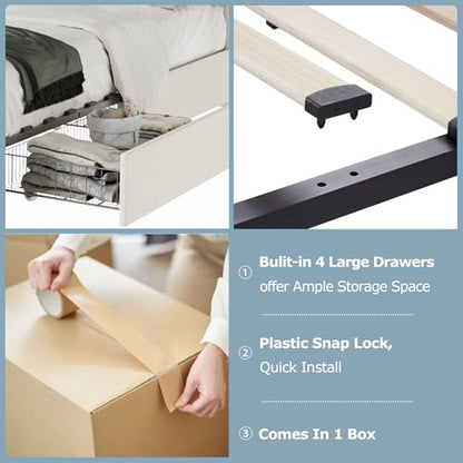 VECELO King Size Bed Frame with 4 Storage Drawers, Adjustable Height Headboard, Heavy-Duty Bedframe with Strong Wooden Slats, No Box Spring Needed, Pale Beige - color: Pale Beige, size: King, style: Bed Frame With Drawers