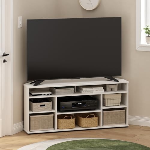Furinno BESI TV Stand, No Tools Assembly Industrial Style Entertainment Center, TV Console for TV up to 46 Inch, for Living Room, Bedroom, White - color: White